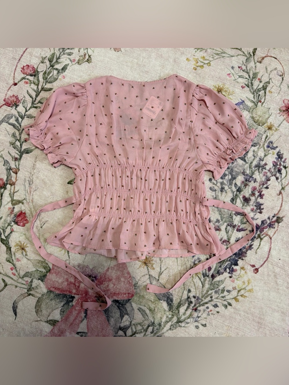 Free People Dusty Pink Smocked Puff Sleeve Tie-Waist Blouse - Picture 4 of 5